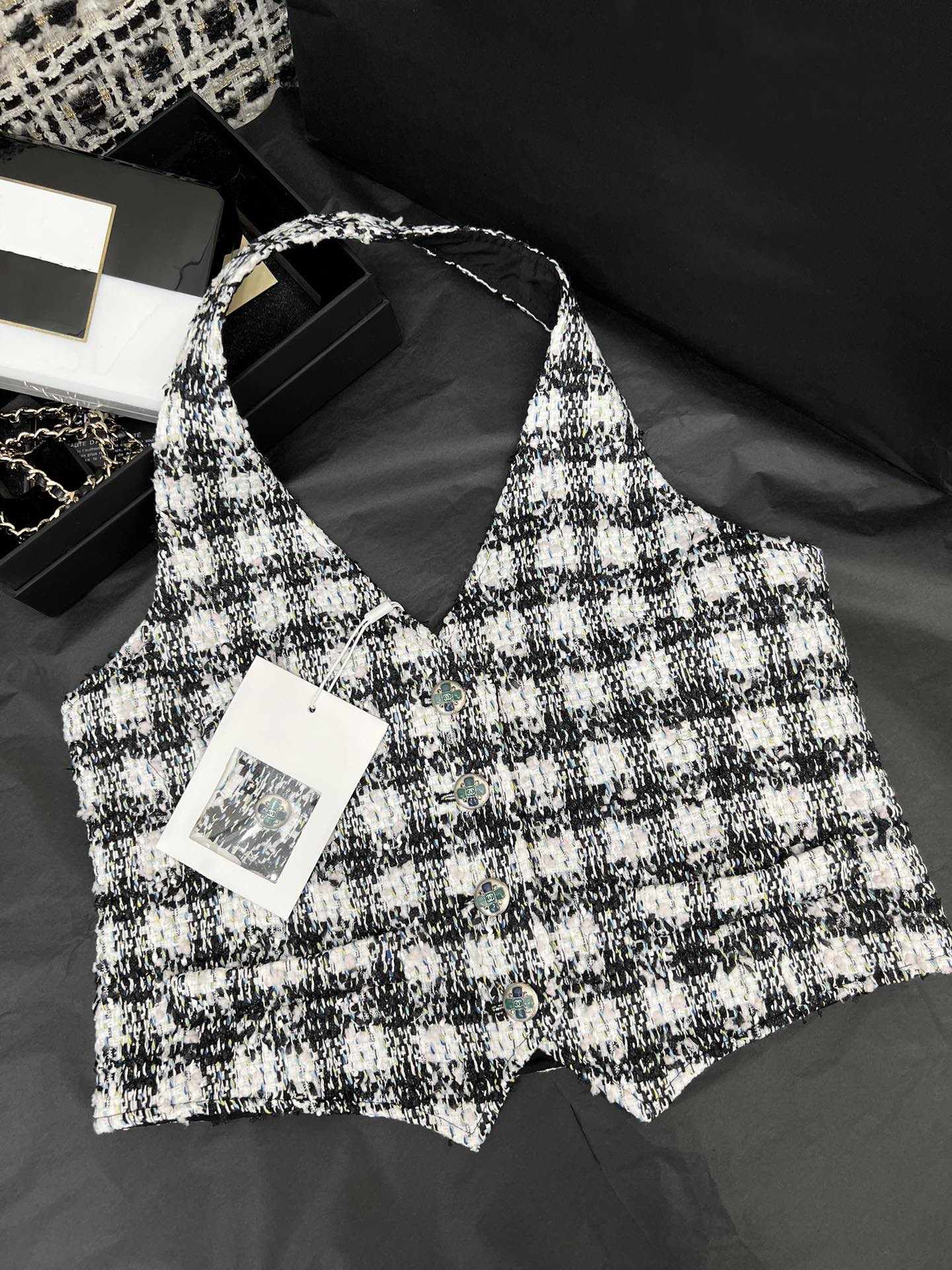 

Chan 2023 summer new Women' logo Tube top vest tweed top T-shirt hollow out sexy top top-grade casual shirt Women' sling Tops fashion polo shirt Mother' Day birthday gift, Black