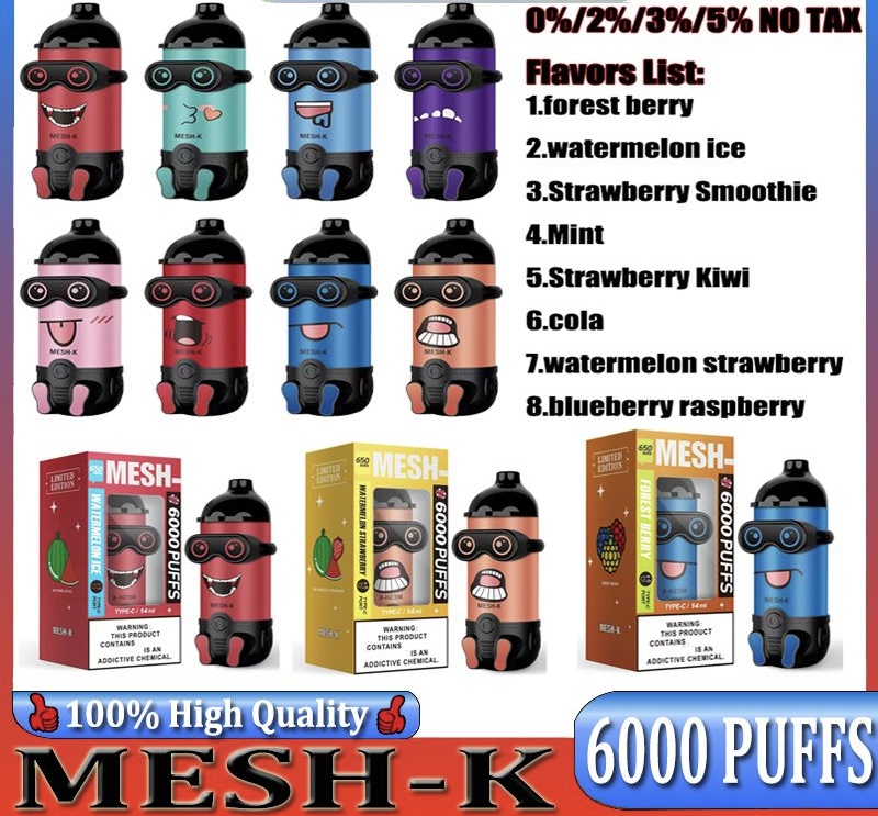 

100% Original Mesh-K 6000 Puffs Bars Disposable E cigarettes Vapes Pen 14ml Pre-filled Pods Cartridge 1000mAh Rechargeable Battery