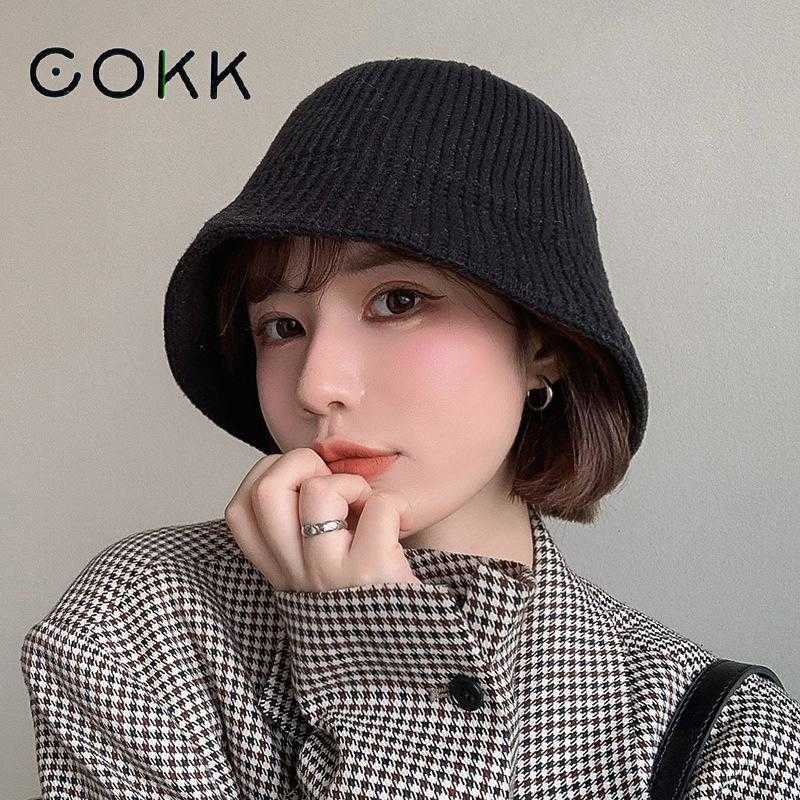 

HBP COKK Wide Brim Bucket Hats Hat Women Winter Autumn Knitted Fisherman Cap Solid Color Simple Bucket Hats Female Casual Korean New Gorro P230327, Beige