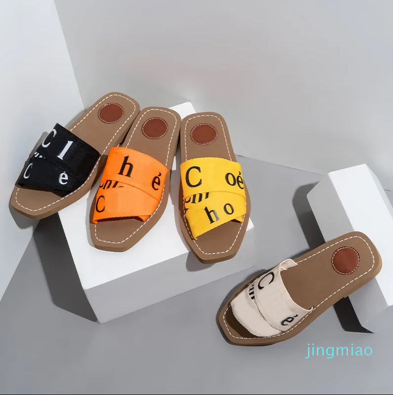 

Designer Woody sandals for women Mules flat slides beige black Lettering Fabric canvas slippers womens summer outdoor shoes