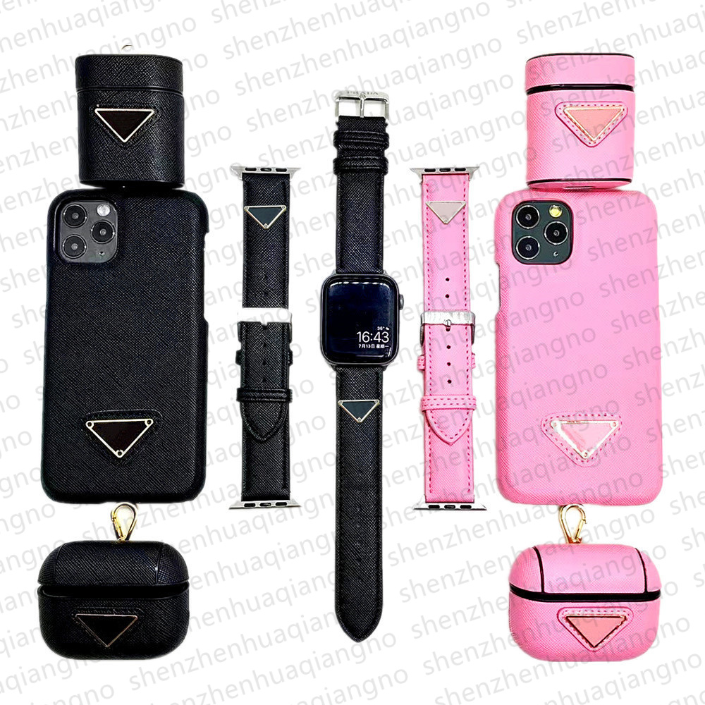 

Top Luxury 3-piece Phone cases Set For iPhone 14 13 Pro max 11 14Pro PU Leather Earphone protector Watch ultra band AirPods cover Watchband 38 40 42 44MM 49mm Suit, Gift box