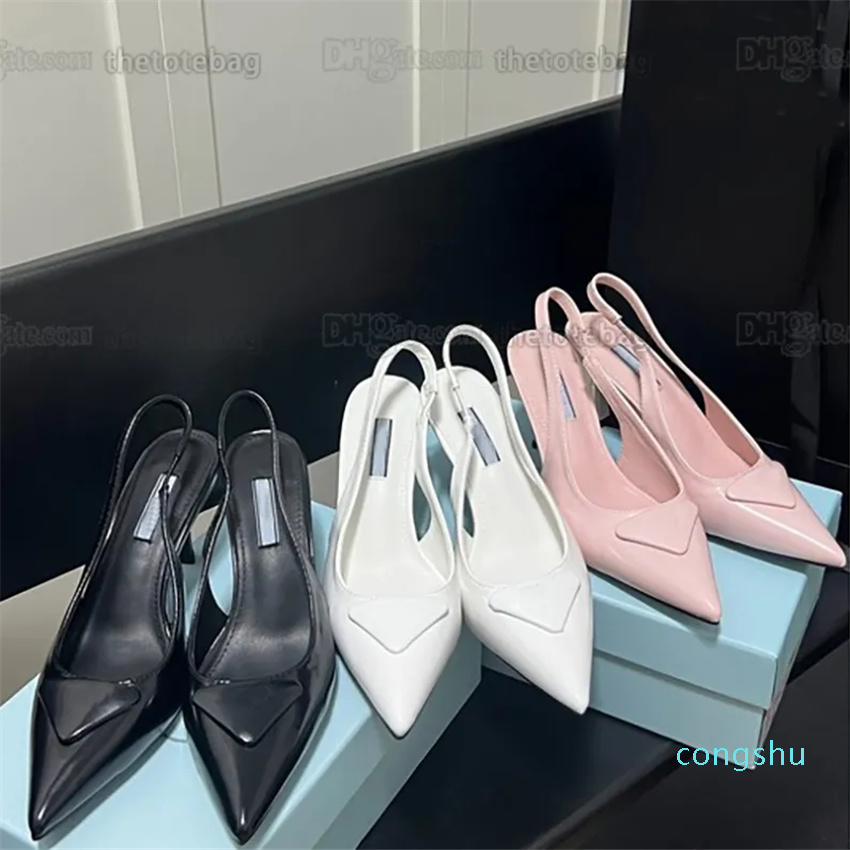 

Brushed leather slingback pumps Logo Printed Dress shoes Luxury black white pink 75mm High-heeled Wedding sandal Fashion women designer heels party sandals With Bo, White slingback