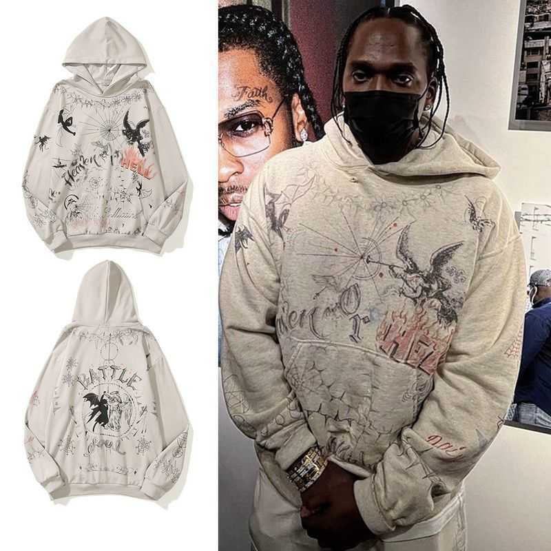 

Saint Mixxxx Graffiti Angel Devil Print Sweater Vintage Washed Old Hole Plush Hoodie, 2217 picture color