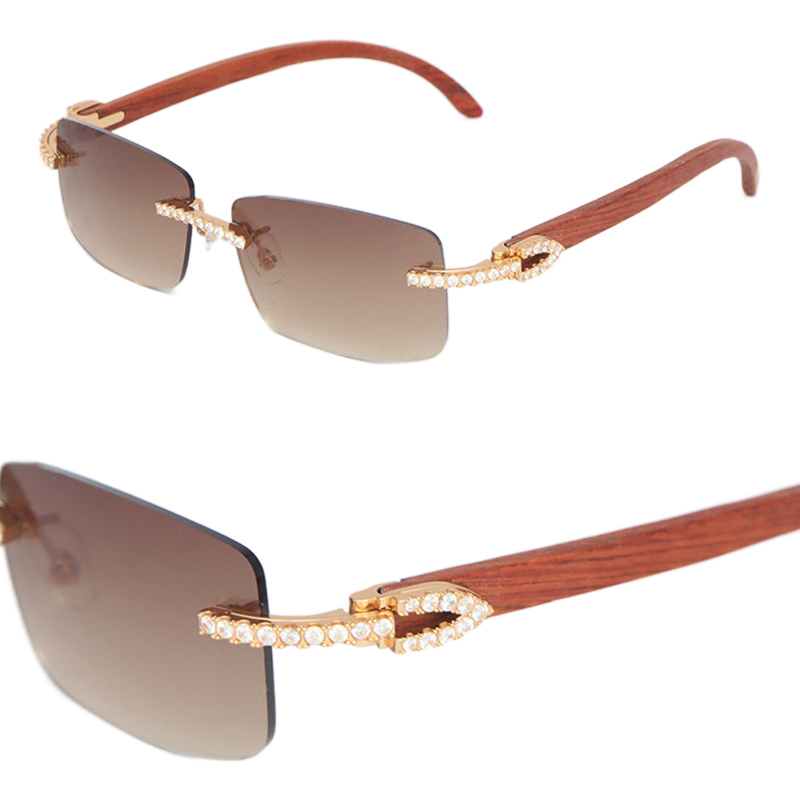 

Moissanite Diamond Set Rimless Wooden Sunglasses for Women Designer Big Stones 2.5 Carat Diamond Sun glasses Wood Eyewear Men Women Sunlasses Luxury Hot Size 57-18-140
