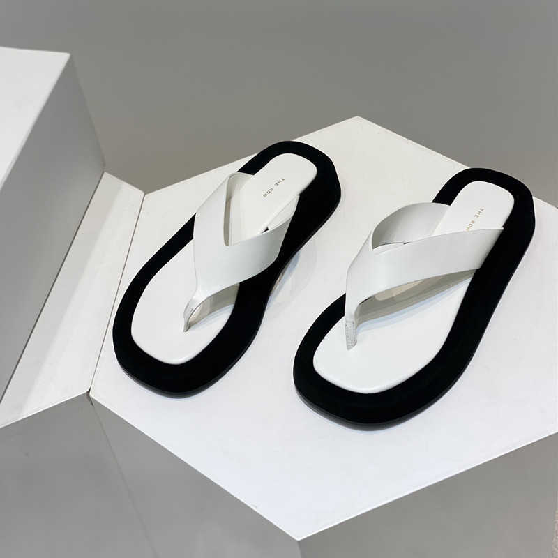 

the row The * row flip flops genuine leather thick soled herringbone slippers for women's outerwear wear 2022 new height muffin bottom sandals TJR5, Black4