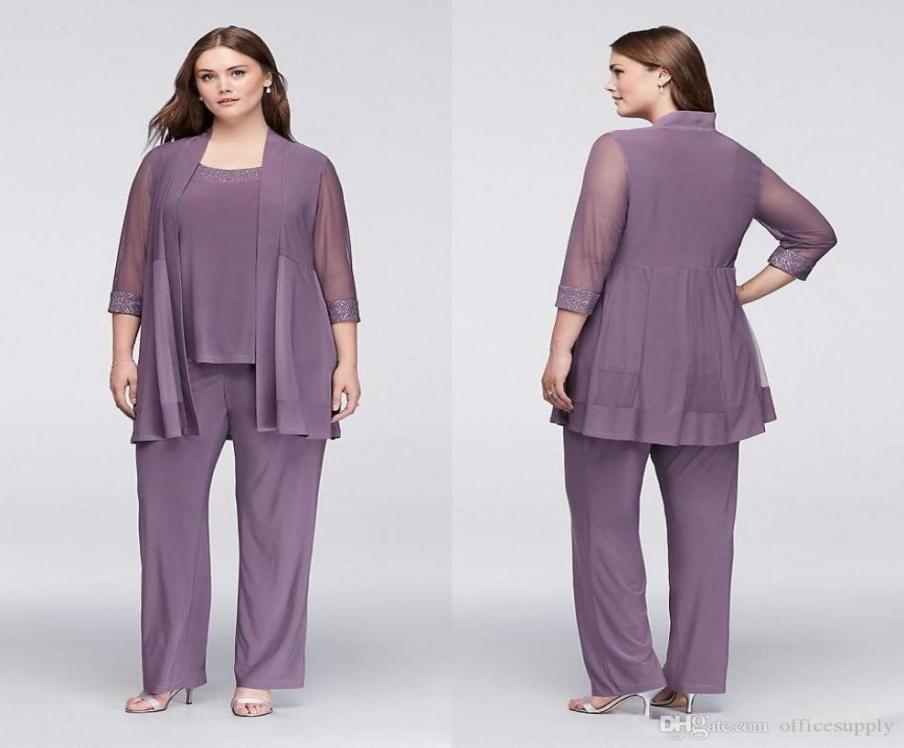 

Plus Size Cheap Purple Three Pieces Mother of The Bride Pant Suits with Jackets Sequins Wedding Guest Dresses Chiffon Mothers Groo6125889