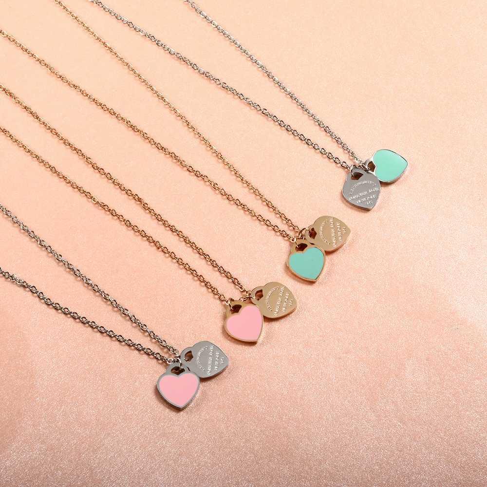 

tiffany Fashion Pink/Blue Enamel Double Heart Pendant Necklace For Women Girls Luxury Stainless Steel Chain Friendship Fine Jewelry Gift G220402