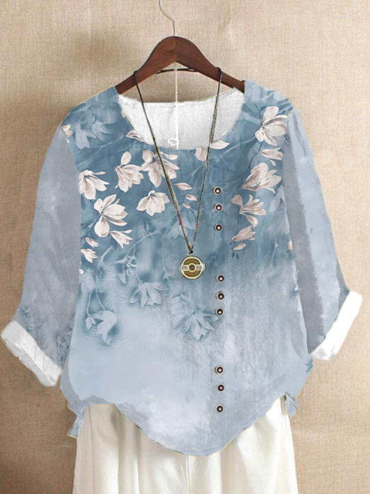 

Women' Blouses Linen Cotton Floral Print Elegant Women Shirt Summer O-Neck Short Sleeve Blouse Female Casual Large Size Ladies Tops And