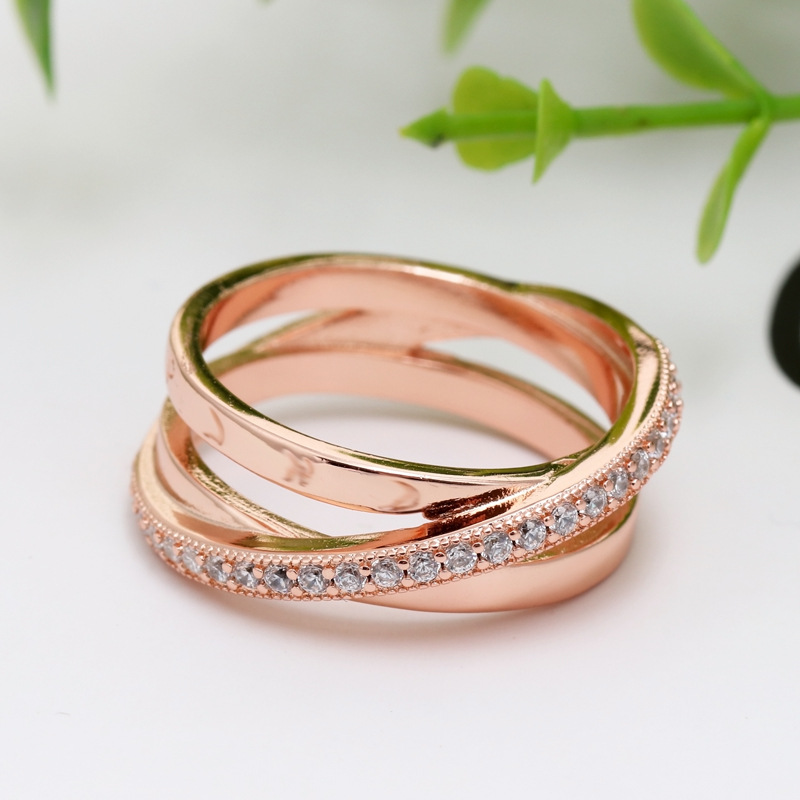 925 Pounds Silver New Fashion Charm Original Pandora Ring, Rose Gold Ring, European and American New Tight Set Interlaced Triple Ring-image-855024799
