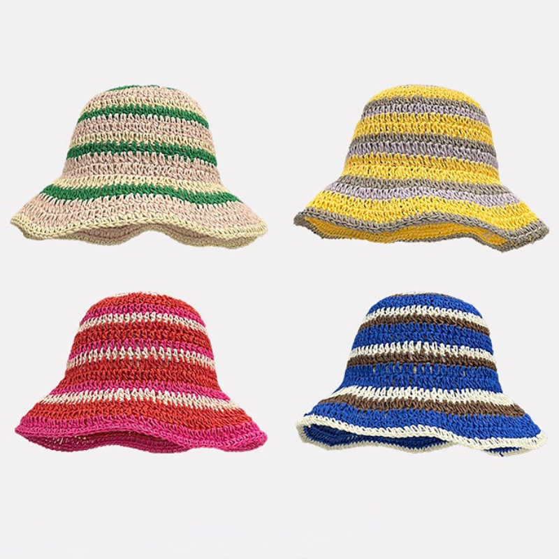 

HBP Ins Hats Japanese Wide Brim Rainbow Striped Bucket Hat for Women Handmade Weaving Crochet Sun Hat Wide Brim Beh Hat Bohemian Fisherman Hat P230327, Khaki