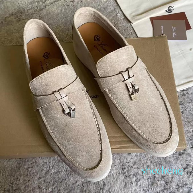 

LORO PIANA Summer Charms embellished Walk suede loafers shoes Beige Genuine leather casual slip on flats women Luxury Designers flat Dress shoe factory footwear