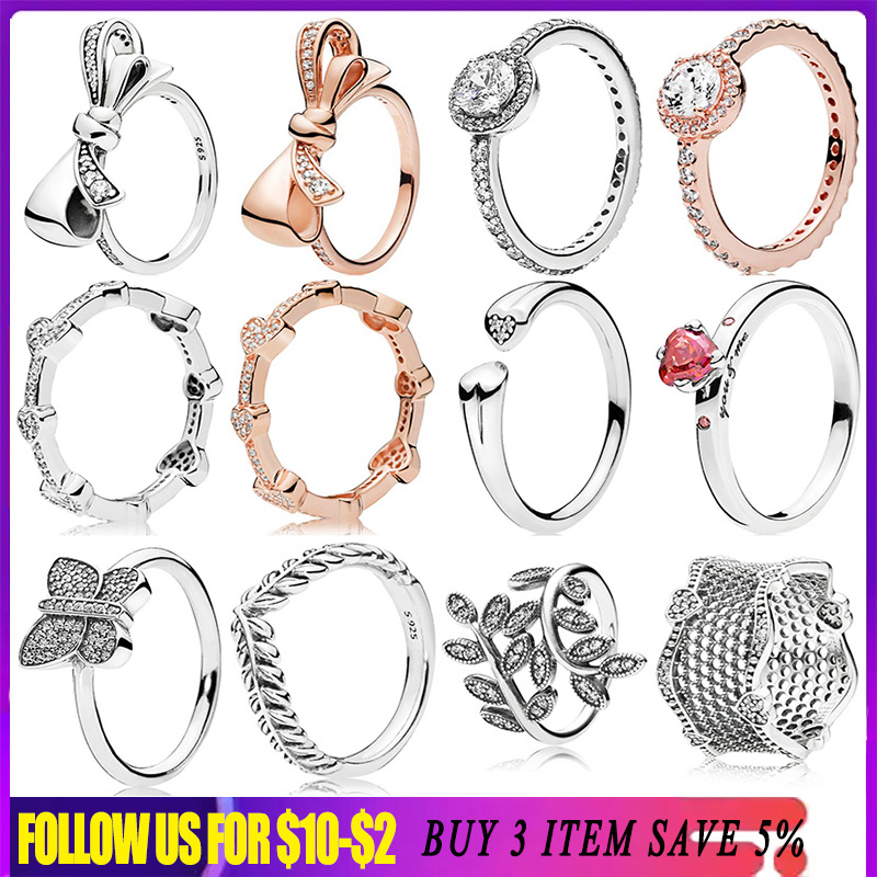 

925 Silver Women Fit Pandora Ring Original Heart Crown Fashion Rings Rose Gold Ring Princess Bow Heart Butterfly Mom Leaves Wide