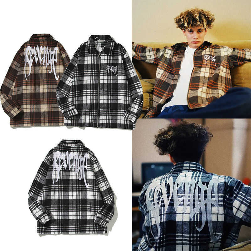 

American Revenge Embroidered Plaid Stripe Shirt High Street Male and Female Lovers Ins Fashion Vintage Long Sleeve Jacket, Brown