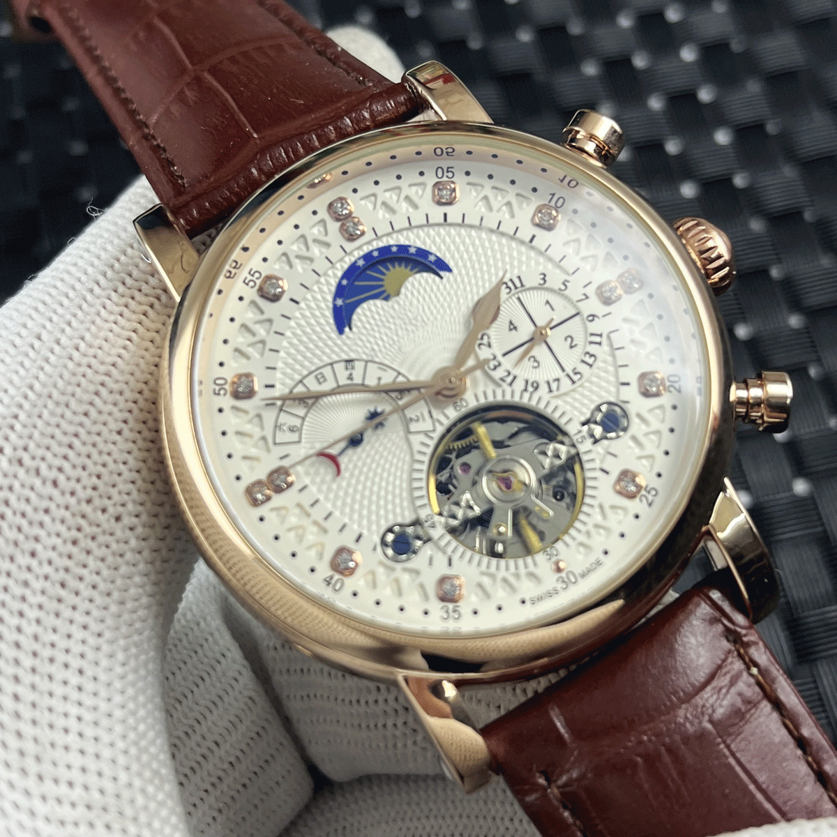 

New Fashion Watch Tourbillon Hand-winding Rose Gold Watch Automatic Movement Mechanical Watch Mens Brown Leather Watches Luxury Business Gentleman Moon Phase