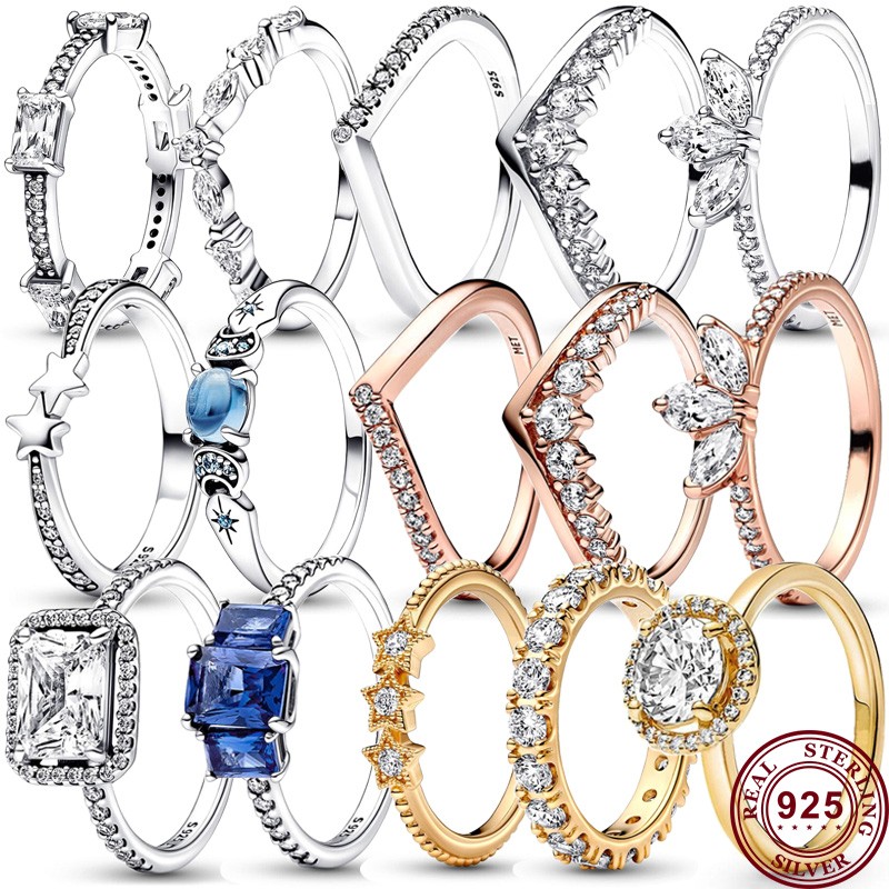 

925 Silver Women Fit Pandora Ring Original Heart Crown Fashion Rings Meteor Glow Cross Wishing Bone Petal Specimen 10442