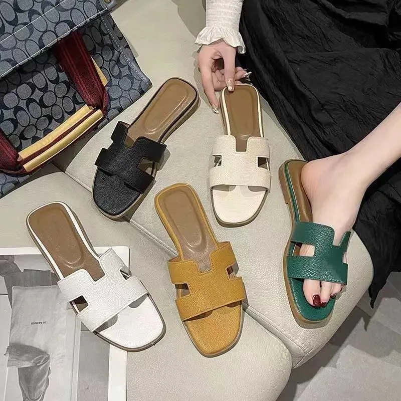2023 Sandales Fashion Sandals Genuine Leather Women Slippers Summer Luxury Flat Slides Ladies Beach Sandal Party Wedding Oran herme slipper size-image-853176864