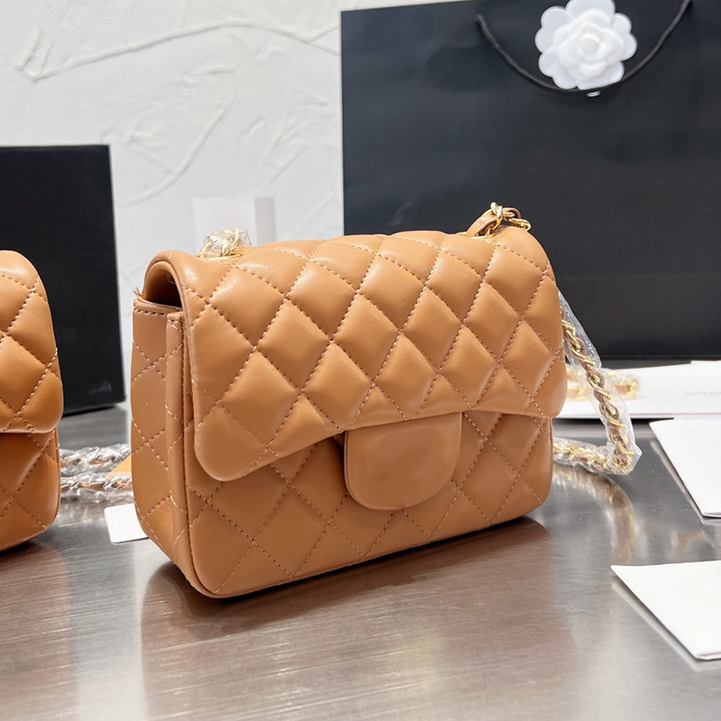 

Womens Clasic Mini Flap Square Lambskin Bags Caramel Quilted Gold/Silver Metal Hardware Matelasse Chain Crossbody Shoulder Luxury Designer Handbgas 17CM 8 Colors, Box