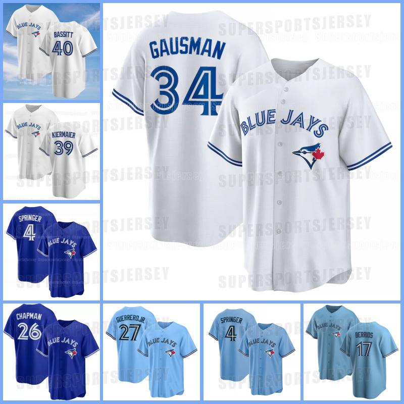 

34 Kevin Gausman Blue Jays Baseball Jerseys 39 Kevin Kiermaier Jersey Vladimir Guerrero Jr. Matt Chapman George Springer Alejandro Kirk Ross Stripling Cavan Biggio, Cool base blue