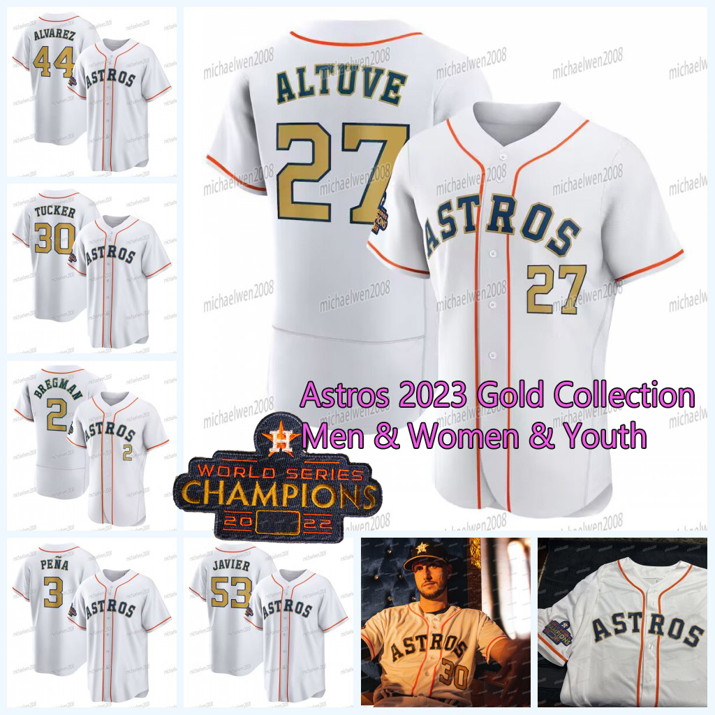 

27 Jose Altuve Astros 2023 Gold Collection Jersey Houston Yordan Alvarez Kyle Tucker Jeremy Pena Alex Bregman Michael Brantley Cristian Javier Jose Abreu Pressly, Youth cool base
