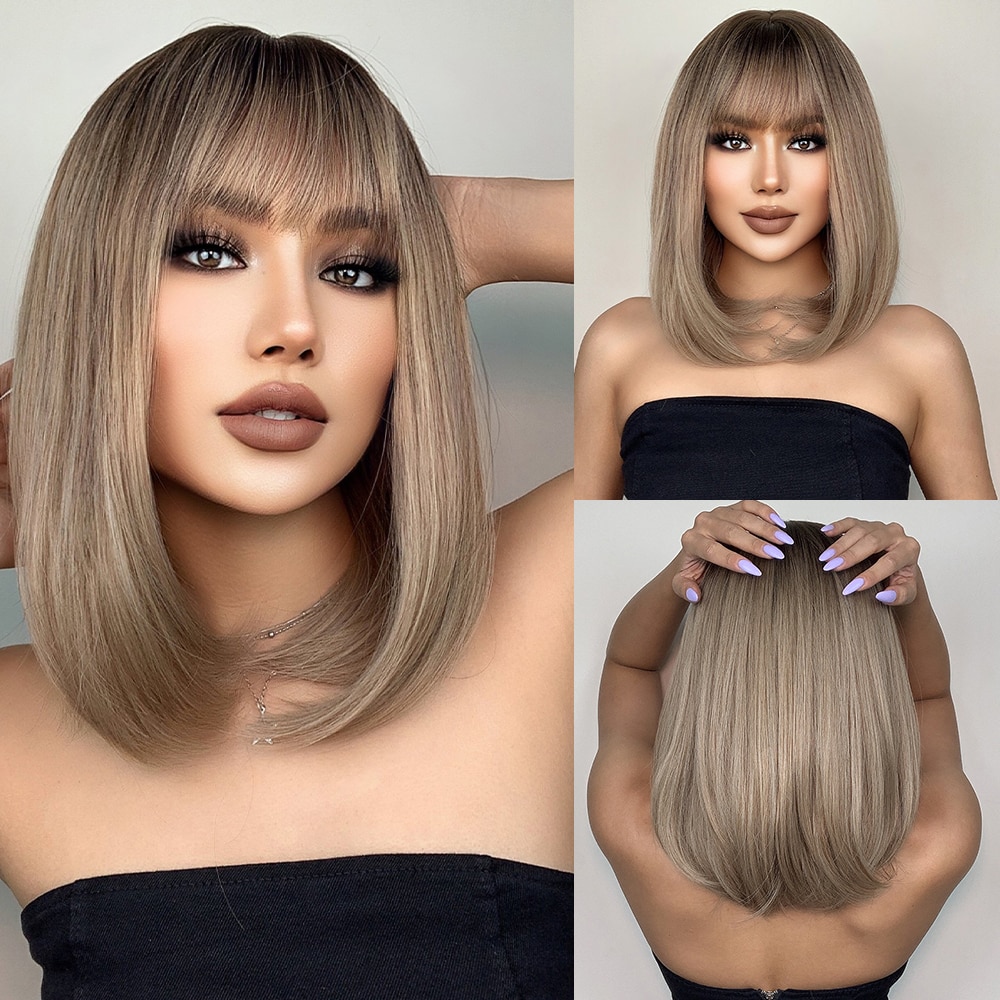 

Short Straight Bob Wigs with Bangs Golden Brown Natural Synthetic Hair for Women Daily Cosplay Heat Resistant Fiber, Lc200-1
