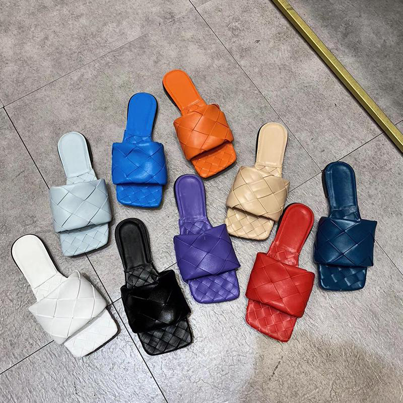 

2023 Sexy Luxurys Designers Flat slides Sandals Woven women slippers square mules shoes Ladies Wedding high heels shoes High Quality Fashion Dress Shoe 10 color, With box