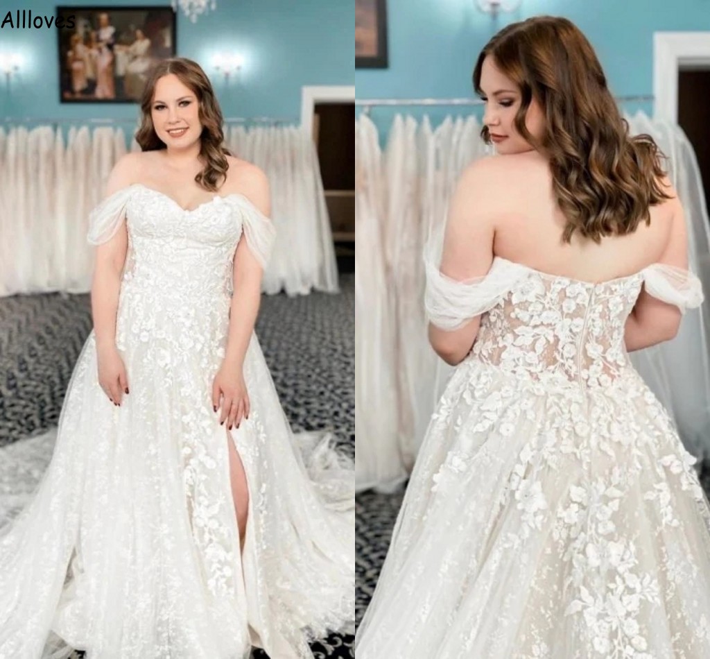

Vingage Off The Shulder A Line Wedding Dresses For Women Delicate Lace Appliqued Boho Garden Bride Gowns Sexy High Split Plus Size Maternity Vestidos De Novia CL2114, White