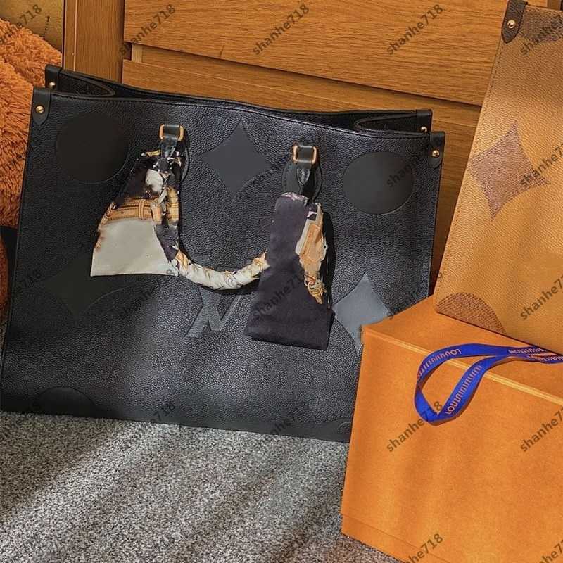 

7A Level MM size LVs Onthego Totes Cowhide Black Emboss Large Shopping Bag Louise Viuton Vutton Handbags Women Shoulder Crossbody Bags Designer Trend Lady Purses, Add box + dust bag