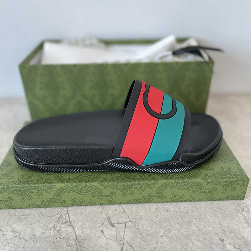 

Fashion Mens Striped Rubber Slides Interlocking Platform Shoes Luxury Flat Unisex Beach Slippers 35-46 With Box NO440