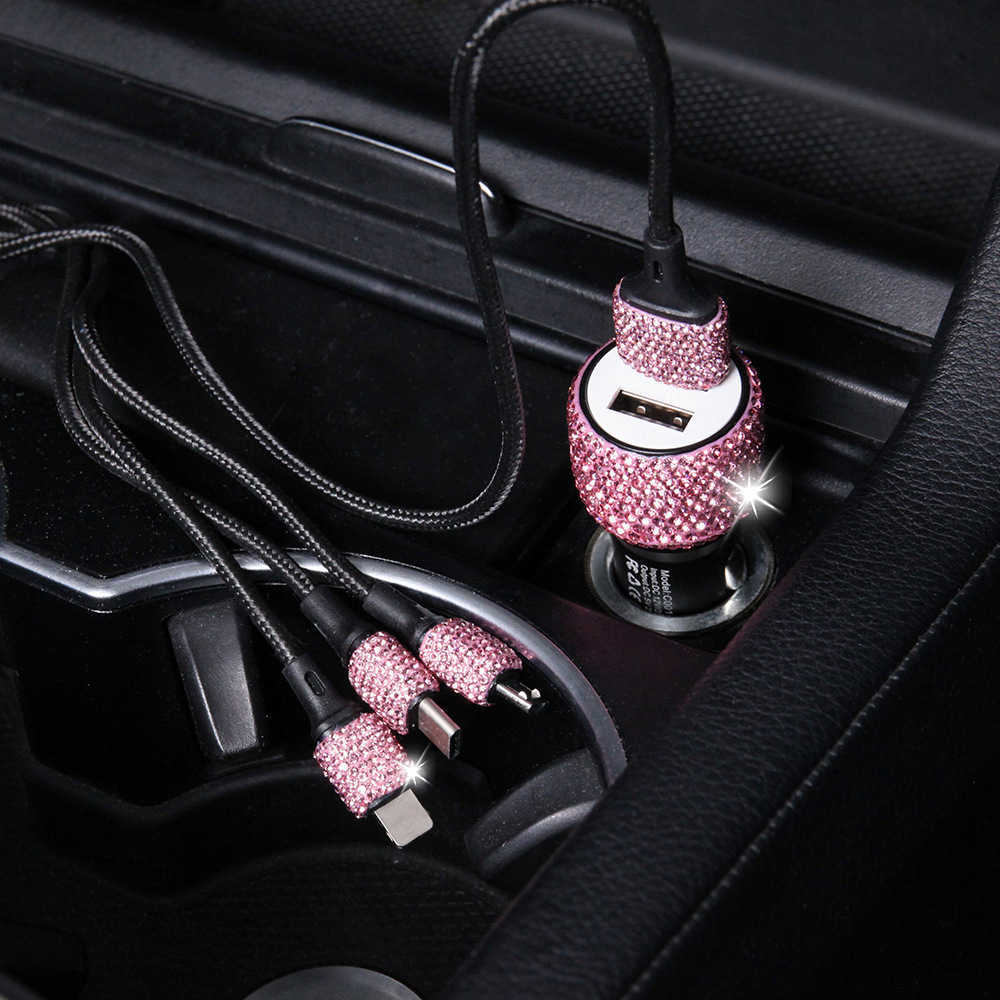 

New New Bling USB Car Charger 5V 2.1A Dual Port Fast Adapter Pink Car Decor Car Styling Diamond Car Accessories Interior for Woman