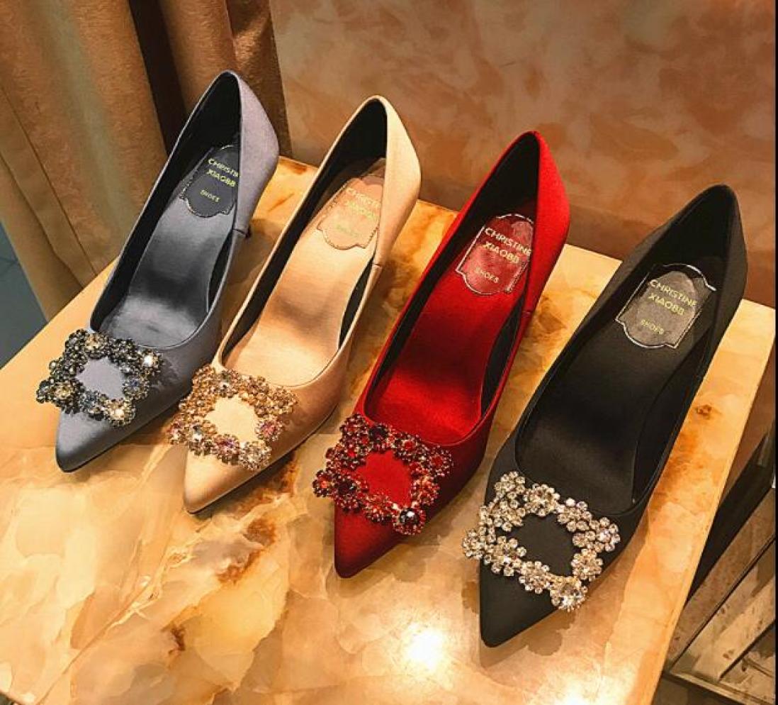 

new rhinestone high heels silk upper 6 5cm or 8 5cm stiletto heels shoes women wedding party shoes sizeEU34401455006, Blue