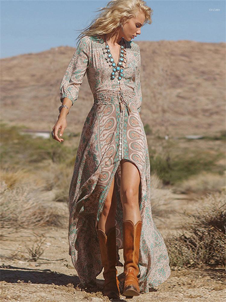 

Casual Dresses Vintage Long Dress Women Chiffon Floral Print Maxi Female Summer Boho Large Hem Polyester For Beach Party Sundress, Brown