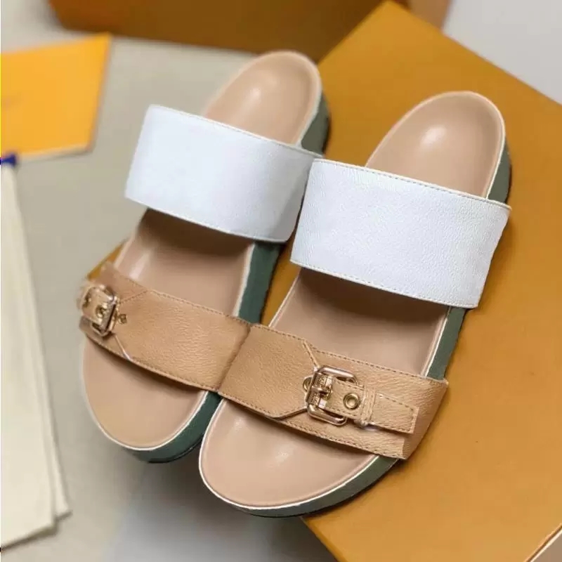 

Luxury Leather Bom Designer sandale Golden Buckle Mules Mens Dia Sliders 2 Straps sandals Low heel Print Flip Flops trends flats spring summer outdoor shoes 1A3R5M, Colour 2