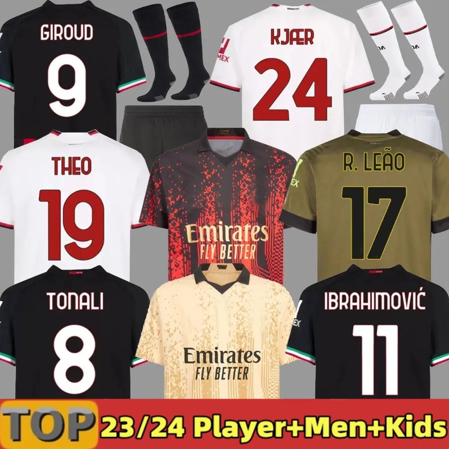 

23 24 AC MILANS Soccer Jersey IBRAHIMOVIC GIROUD DE KETELAERE R. LEAO TONALI THEO 2022 2023 2024 Football Shirt Kids Kit Sets, 22 23 home aldult