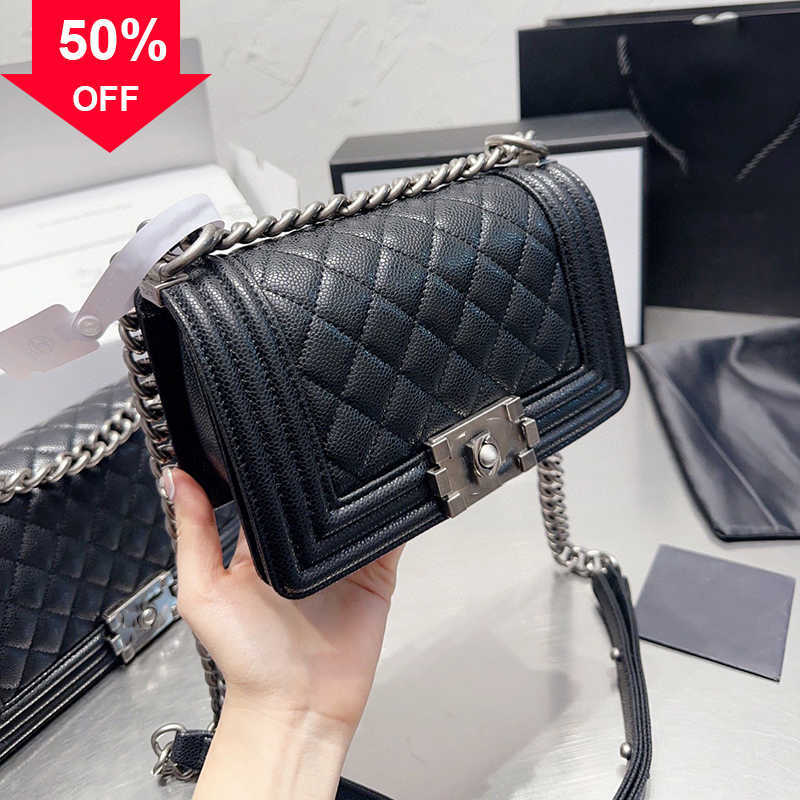 

Shoulder Bags Small Boy Channel Grey Handbag Sling Side Bag Calfskin Silver Gold-Tone Metal Adjustable Chain Purse Lock Gabrielle Quilted ForHeDE, Black