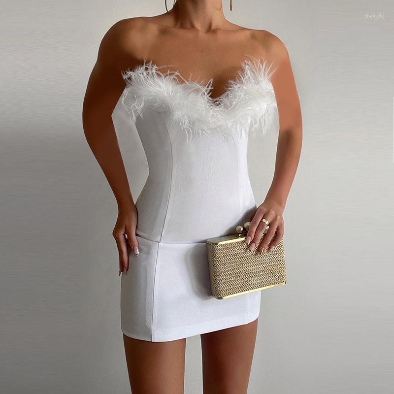 

Casual Dresses Women Fashion Fur Strapless Bodycon Ladies Sexy Backless Chest Wrapping Slim Dress Club Party