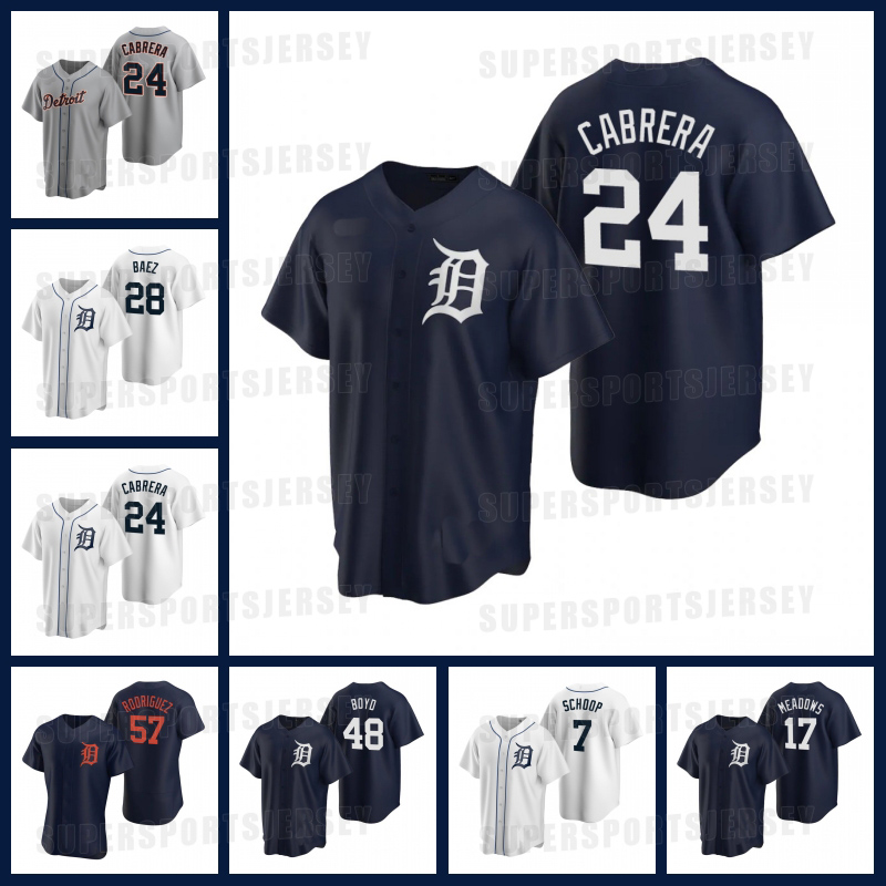 

Tigers 24 Miguel Cabrera DETROIT Baseball Jersey 28 Javier Baez Eduardo Rodriguez Matt Boyd Jonathan Schoop Austin Meadows Michael Lorenzen Custom Men Women Youth, Black cool base