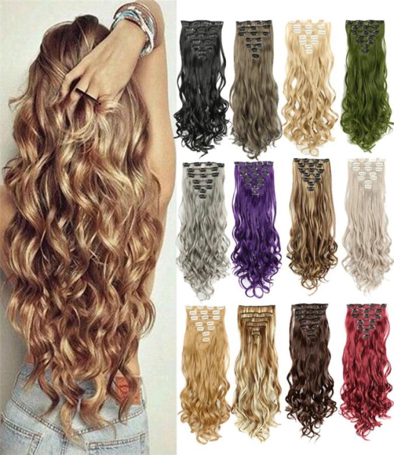 

7pcsSet 130G Synthetic Clip In Hair Extensions 22Inch Curly Big Wavy High Temperature Fiber Hairpieces For Women8168604