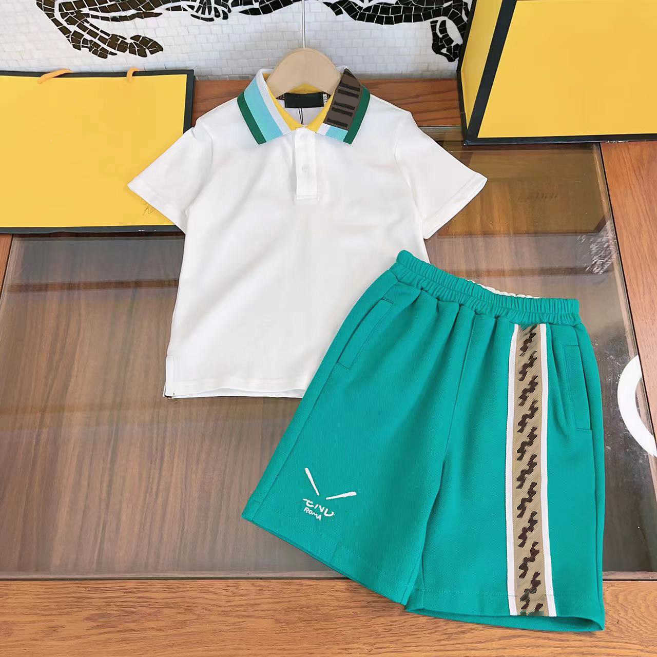 

23ss Boys suit polo shirt shorts suits kids designer Color matching lapel letter Short sleeve logo print Ribbon splicing Shorts suit High quality kids clothes, 13
