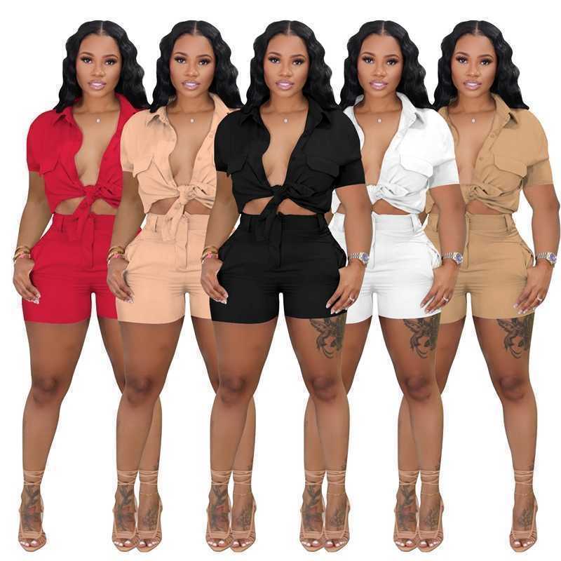 Wholesale Women Tracksuits Casual Outfits Solid Shirt Buckle Collar Short Sleeve Shorts Two Piece Set