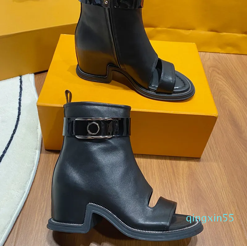 

Leather Moonlight Ankle Boots Designer Open Toe Booties Women Wavy Design Sole Boot Square Heel Boots Lady Wedding Party Fashion