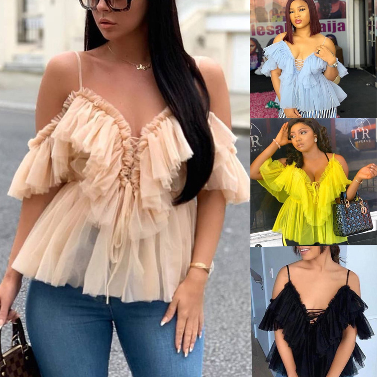 

Women Vintage Ruffle Shirts Summer Blouse Top Off Shoulder Sexy Peplum Top Female Mesh Backless Feminine Blouse Blusas, Beige