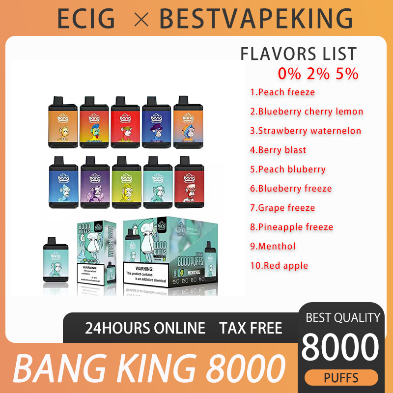 

Bang King 8000 Puffs Disposable E Cigarette Rechargeable Vape Pen Device 650mah 15ml Cartridges pod Mesh Coil 10 Flavors 0% 2% 3% 5%
