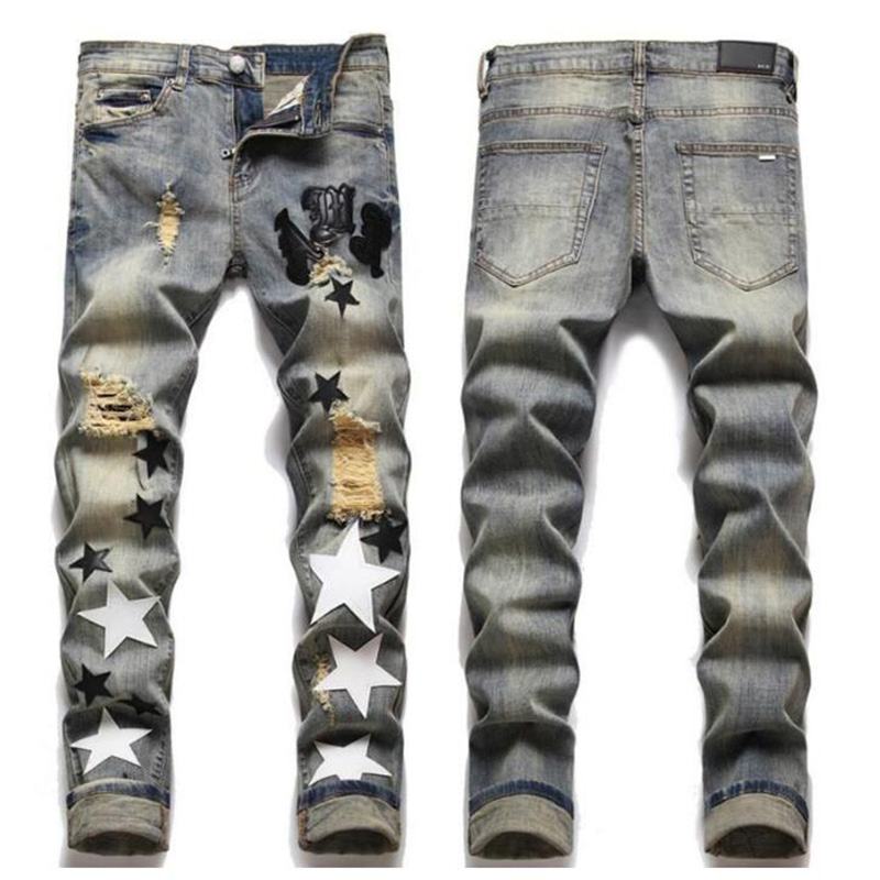 

European Trend Jean Letter Star Jean Men Embroidery Patchwork Ripped Jeans Trend Brand Motorcycle Pant Mens Skinny Jeans