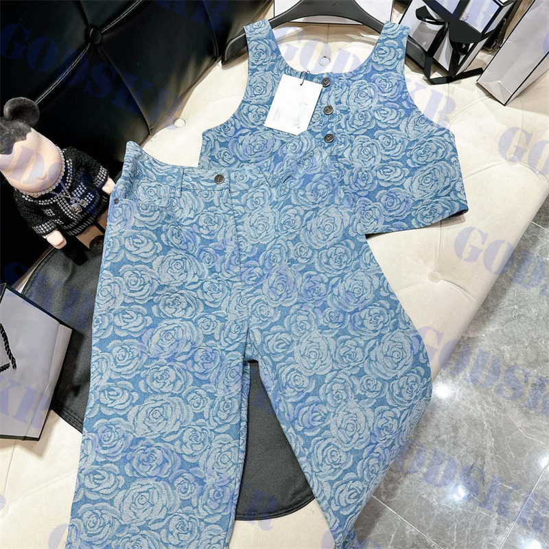

Jacquard Denim Tank Top Two Piece Pants Embossed Womens Cropped Tops Blue Jeans Streetwear, Pls contact me real pic