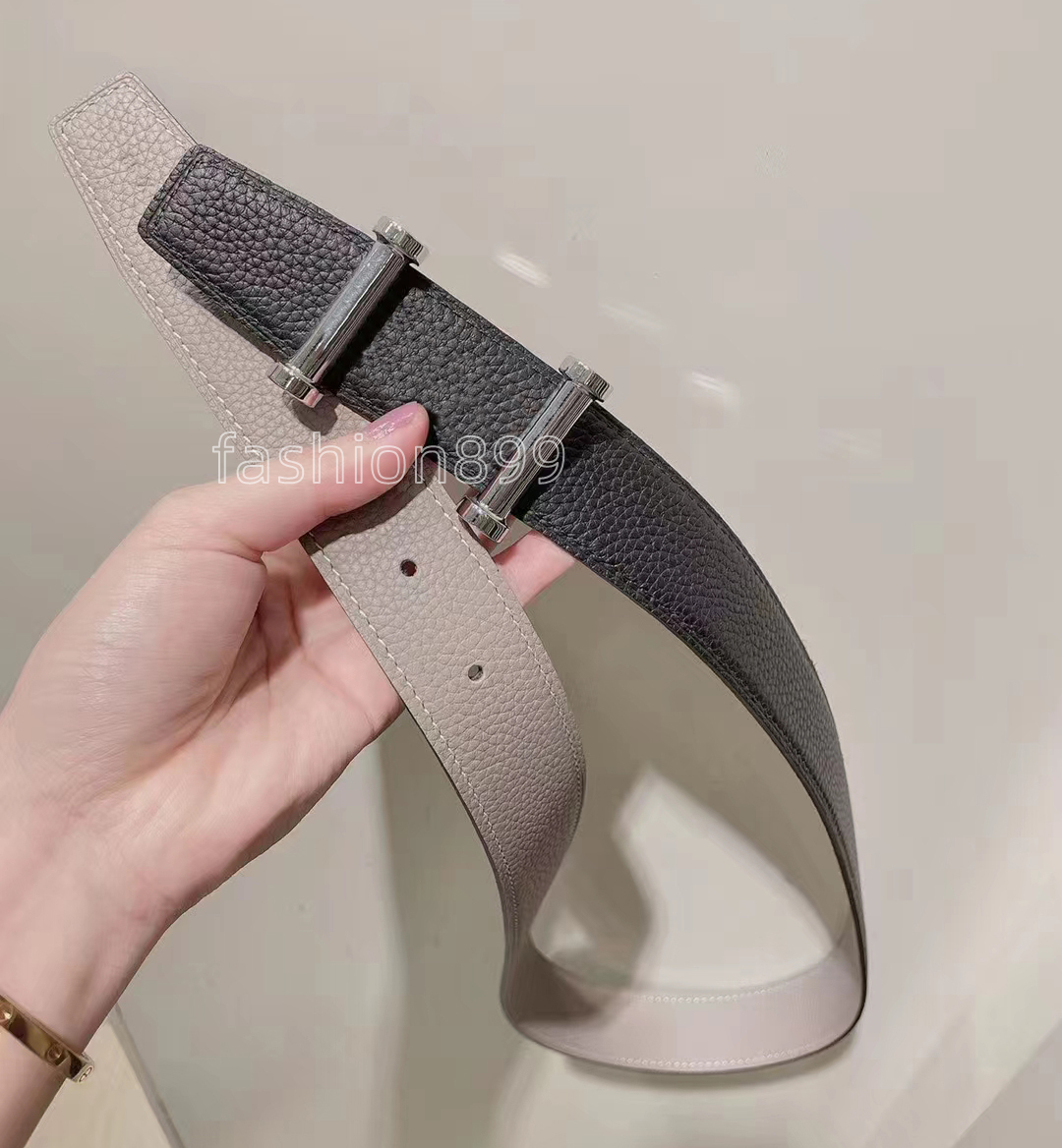 

Classics Men Belts Designer Mens and woman fashion Togo leather classic reversible belt black brown H gold silver buckles 32--35cm HE074, Customize