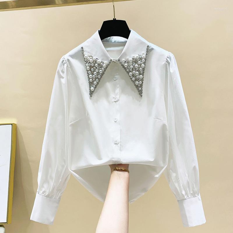 

Women's Blouses High Quality Vintage Pearls Diamonds Collar White Shirts Women Tops Mujer 2023 OL Elegant Long Sleeves Blouse Camisas