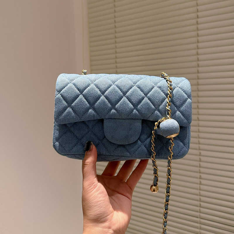 

Women Designer Denim Classic Mini Flap Quilted Bag Rectangular Purse Blue Crush Ball Vanity Cosmetic Gold Metal Hardware Matelasse Chain Crossbody Handbag 20CM, Box