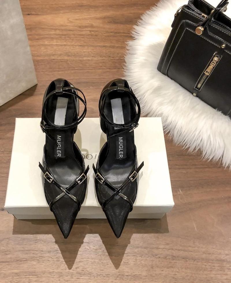 

Sandals High-heeled Hollow Cross Bandage Mesh Series Pointed Thin Heels Mugler Shoes 9cm Heel, Black