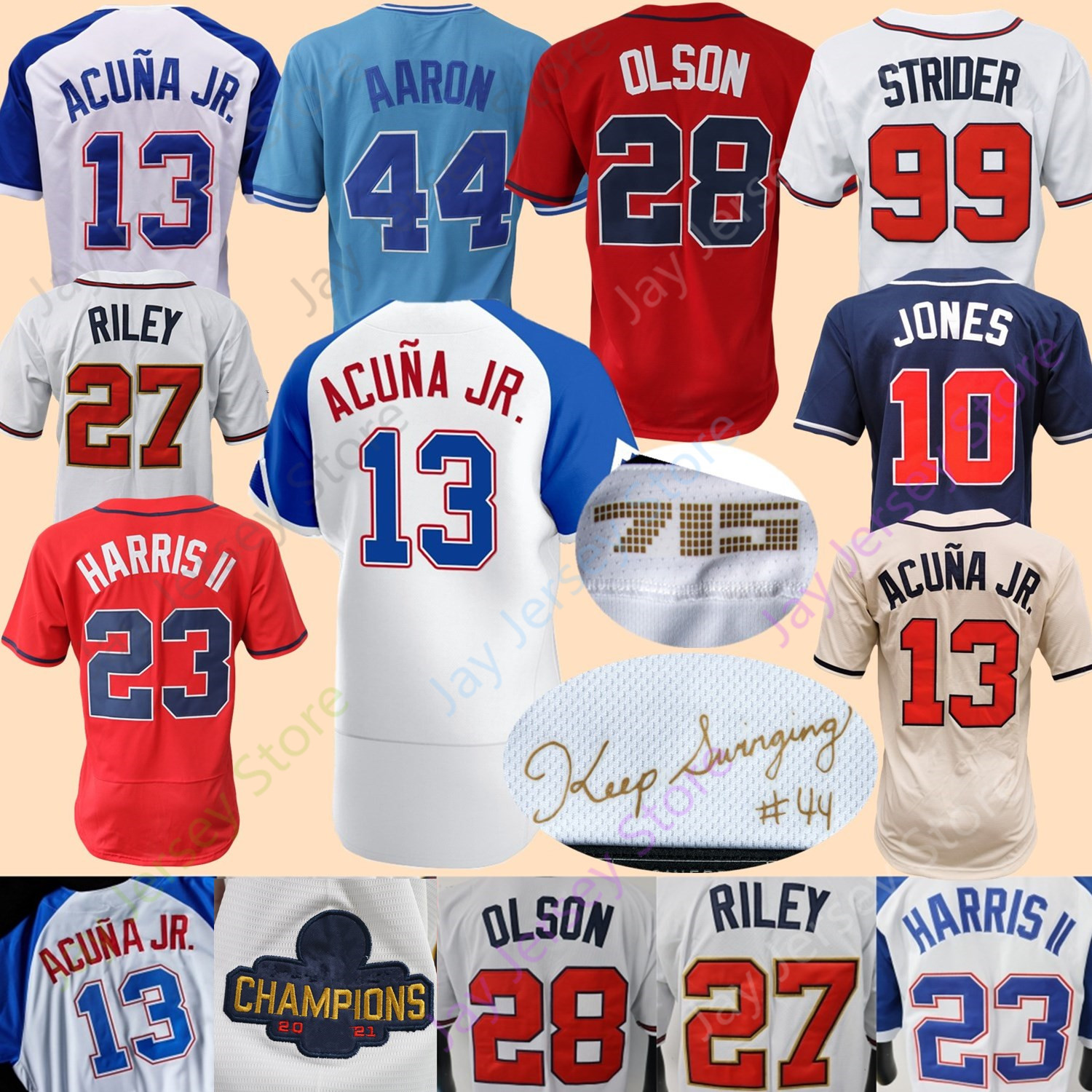 

2023 City Connect Baseball Jersey Ronald Acuna Jr. Michael Harris II Ozzie Albies Matt Olson Austin Riley Max Fried Spencer Strider Hank Aaron Chipper Jones Sanders, Gold program player