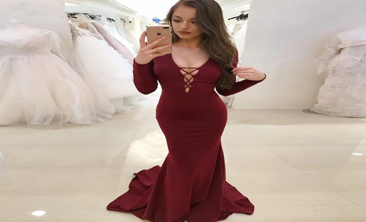 

New Simple Long Sleeve Dress Party Open Back Cheap Evening Dress ballkleider lang Elastic Burgundy Mermaid Prom Dresses4275136, Dark red